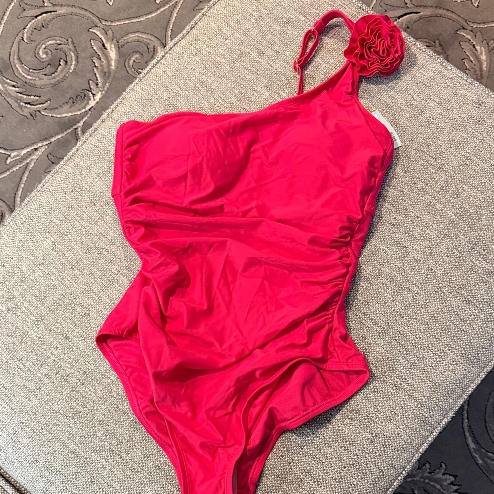 Shade & Shore Pink One Piece swimsuit one shoulder strap flower Large NEW